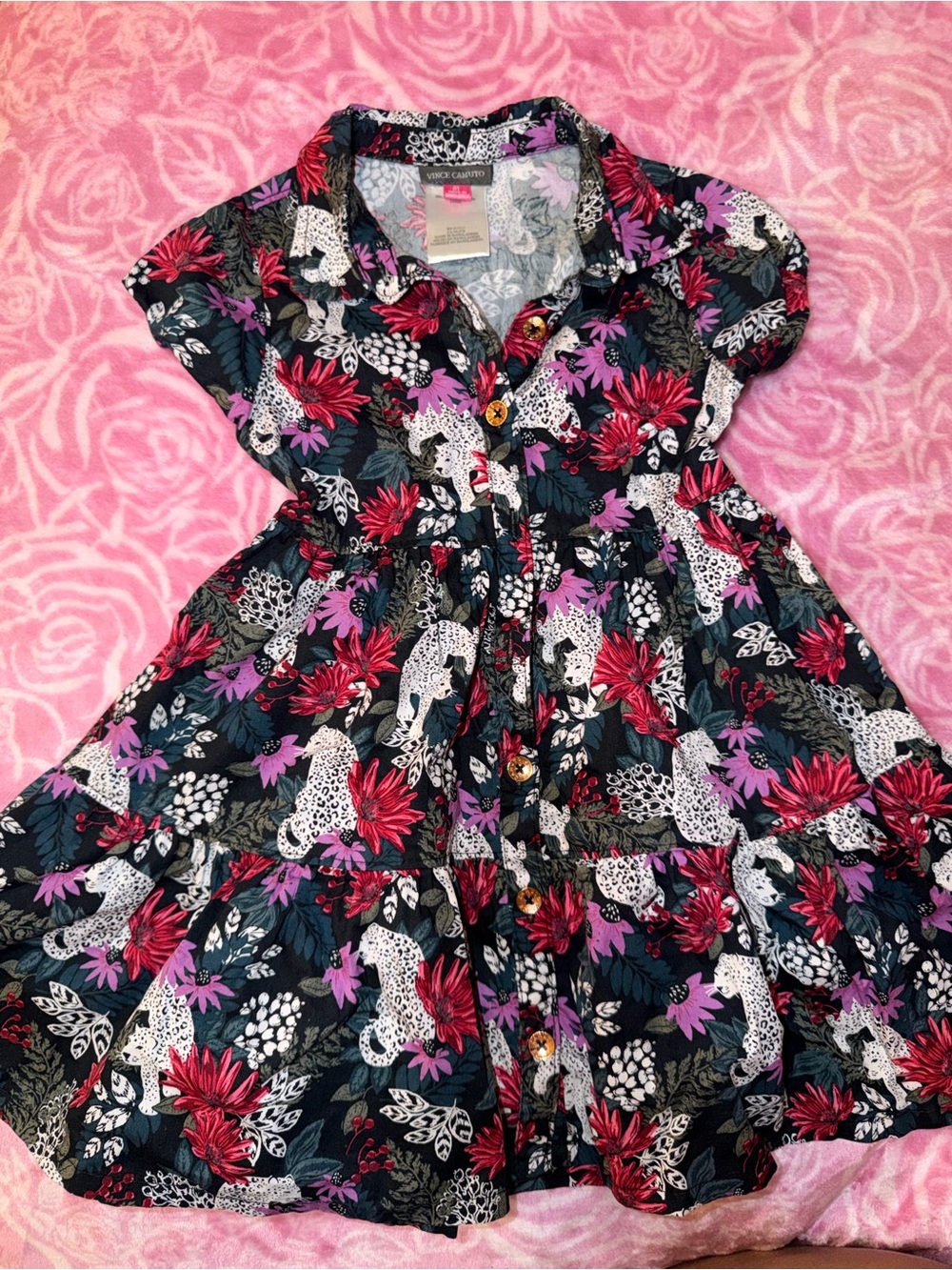 Vince Camuto Girls Floral & Leopard Print Black Dress with Pink and Red Flowers